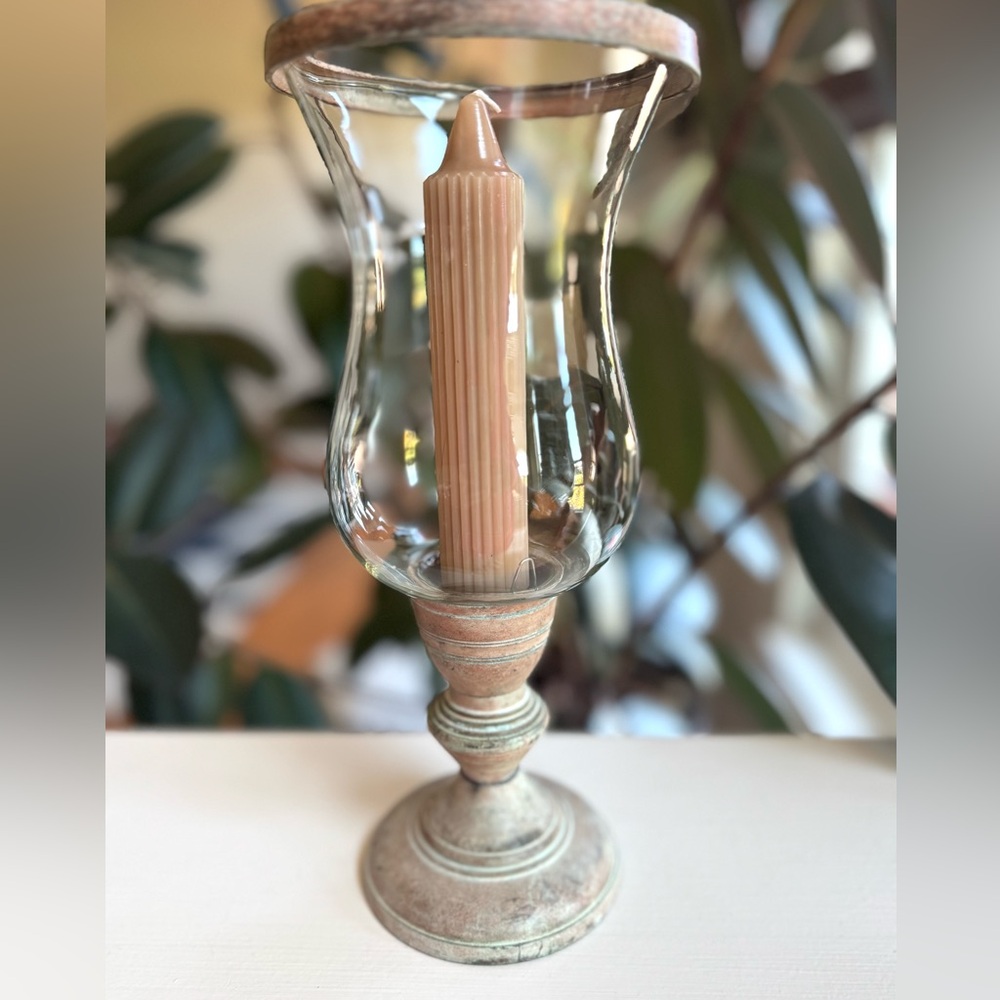 Colonial Style Waxed Copper Hurricane Glass Taper Candle Holder w/ New Candle